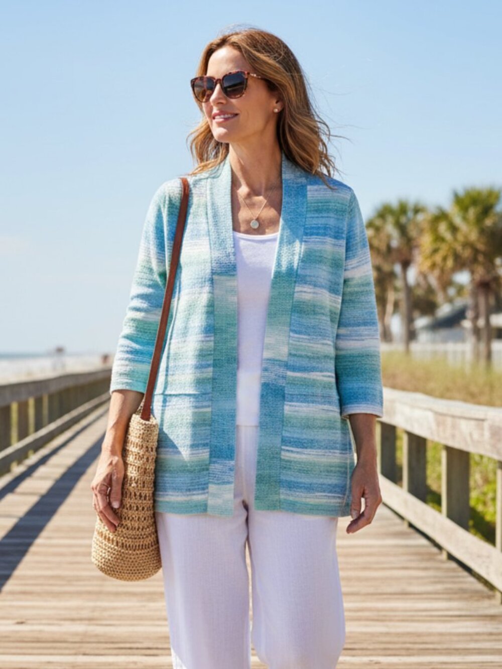Christopher & Banks L Women's Blue Green Striped Cardigan Lightweight Coastal